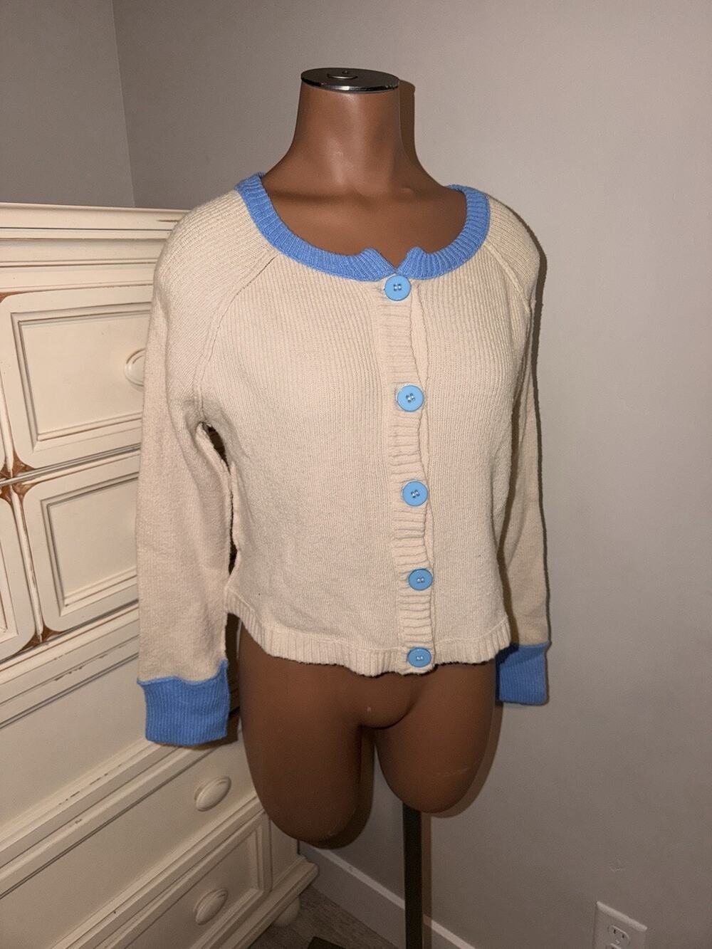 Cardigan Sweater Cream Ivory Blue Accent Size Medium
